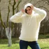 Hand Knit Mohair Sweater White hooded Fuzzy Handmade Turtleneck Handgestrickt pullover by Extravagantza