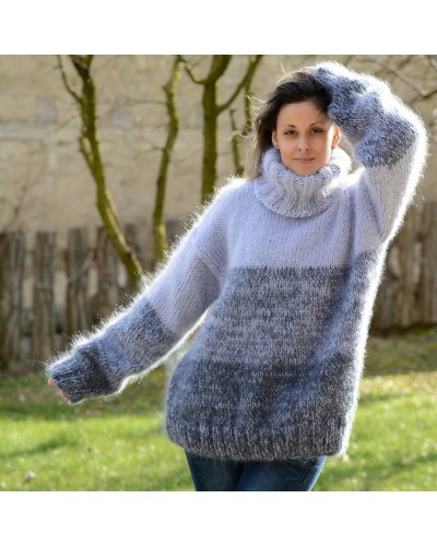 Hand Knitted Mohair Sweater Grey Stripes Fuzzy and fluffy Turtleneck Handmade by Extravagantza