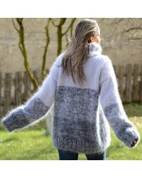 Hand Knit Mohair Sweater Grey Stripes Fuzzy handmade Turtleneck Handgestrickte pullover by Extravagantza