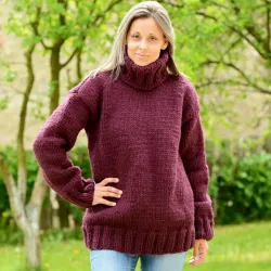 Very dark red Hand Knitted 100 % wool Sweater turtleneck Handgestrickt handmade pullover by Extravagantza