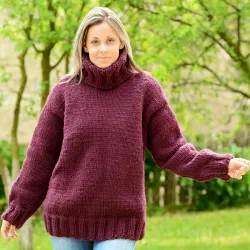 Very dark red Hand Knitted 100 % wool Sweater turtleneck Handgestrickt handmade pullover by Extravagantza