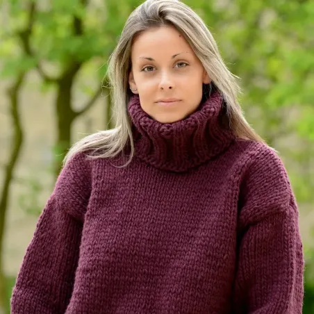 Very dark red Hand Knitted 100 % wool Sweater turtleneck Handgestrickt handmade pullover by Extravagantza