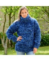 3 strands Blue mix Hand Knitted 100 % wool Sweater turtleneck Handgestrickt handmade pullover by Extravagantza