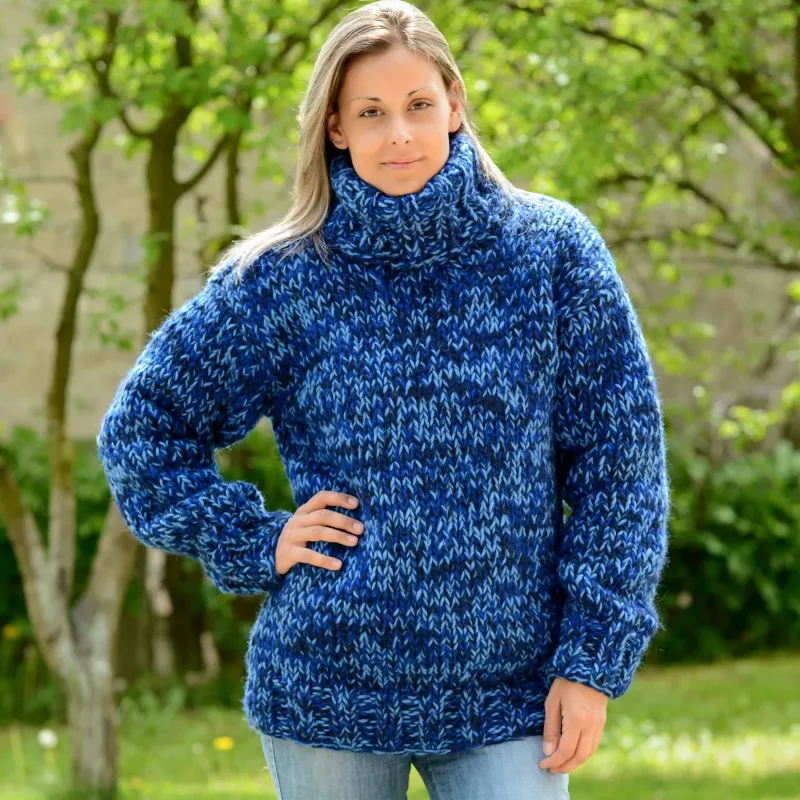 3 strands Blue mix Hand Knitted 100 % wool Sweater turtleneck Handgestrickt handmade pullover by Extravagantza