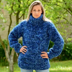 3 strands Blue mix Hand Knitted 100 % wool Sweater turtleneck Handgestrickt handmade pullover by Extravagantza