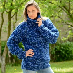 3 strands Blue mix Hand Knitted 100 % wool Sweater turtleneck Handgestrickt handmade pullover by Extravagantza