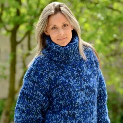 3 strands Blue mix Hand Knitted 100 % wool Sweater turtleneck Handgestrickt handmade pullover by Extravagantza