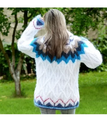 Handmade white Icelandic Nordic Hand Knit Mohair Coat Cardigan Fuzzy Turtleneck Handgestrickt pullover