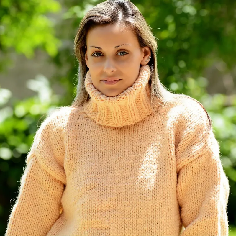 Light Peach Hand Knitted 100 % wool Sweater turtleneck Handgestrickt handmade pullover by Extravagantza