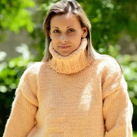 Light Peach Hand Knitted 100 % wool Sweater turtleneck Handgestrickt handmade pullover by Extravagantza