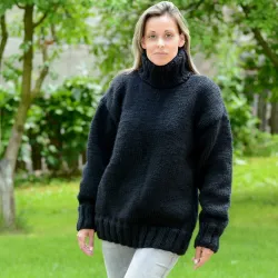 Black Hand Knitted 100 % wool Sweater turtleneck Handgestrickt handmade pullover by Extravagantza