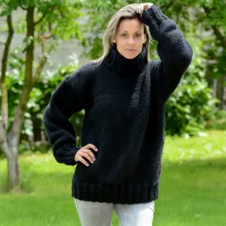 Black Hand Knitted 100 % wool Sweater turtleneck Handgestrickt handmade pullover by Extravagantza