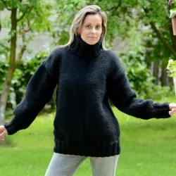 Black Hand Knitted 100 % wool Sweater turtleneck Handgestrickt handmade pullover by Extravagantza