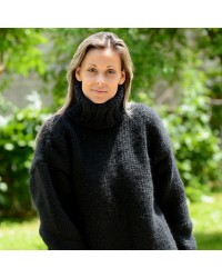 Black Hand Knitted 100 % wool Sweater turtleneck Handgestrickt handmade pullover by Extravagantza