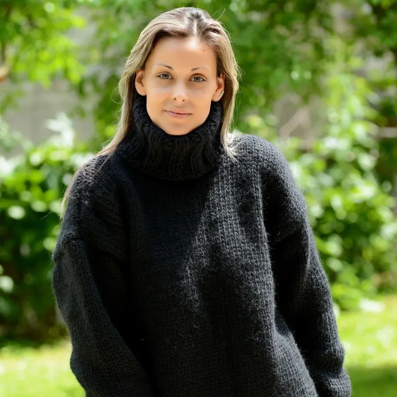 Black Hand Knitted 100 % wool Sweater turtleneck Handgestrickt handmade pullover by Extravagantza