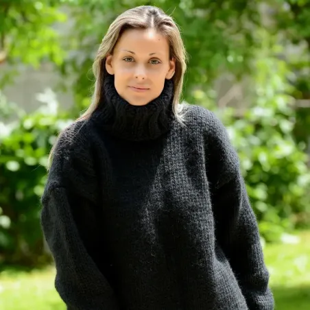 Black Hand Knitted 100 % wool Sweater turtleneck Handgestrickt handmade pullover by Extravagantza
