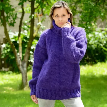 Blue lilac Hand Knitted 100 % wool Sweater turtleneck Handgestrickt handmade pullover by Extravagantza