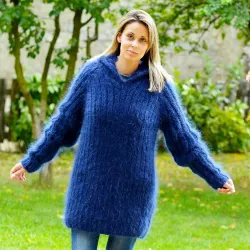 Ribbed Hand Knit Mohair Sweater black hooded Fuzzy Turtleneck Handgestrickt pullover by Extravagantza