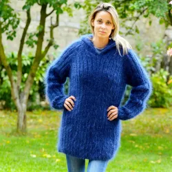Ribbed Hand Knit Mohair Sweater black hooded Fuzzy Turtleneck Handgestrickt pullover by Extravagantza