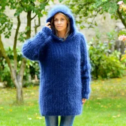 Ribbed Hand Knit Mohair Sweater black hooded Fuzzy Turtleneck Handgestrickt pullover by Extravagantza