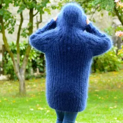 Ribbed Hand Knit Mohair Sweater black hooded Fuzzy Turtleneck Handgestrickt pullover by Extravagantza