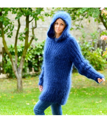 Hooded Cable Hand Knit Fuzzy Mohair Sweater Ribbed Blue color Pullover