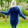 Ribbed Hand Knit Mohair Sweater black hooded Fuzzy Turtleneck Handgestrickt pullover by Extravagantza