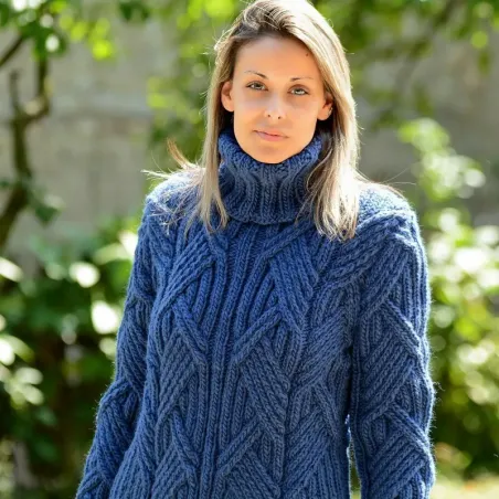 Cable Hand Knit 100 % wool Sweater dark blue handmade Turtleneck Handgestrickt pullover by Extravagantza