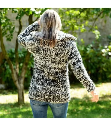 Super Thick hand knitted High Quality 100 % pure wool Turtleneck design cardigan black and white color by Extravagantza