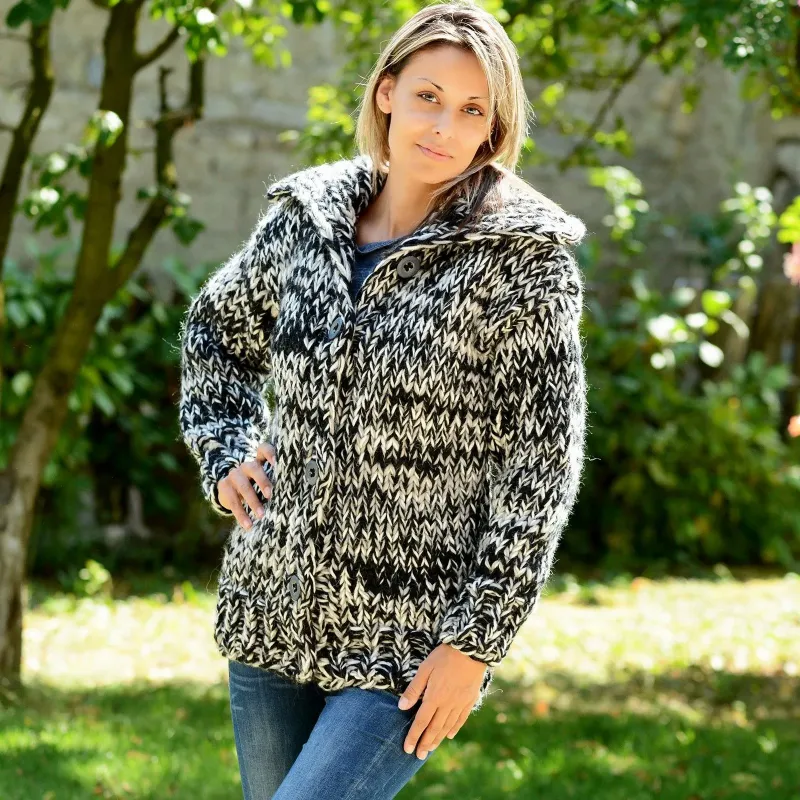 Super Thick hand knitted High Quality 100 % pure wool Turtleneck design cardigan black and white color by Extravagantza