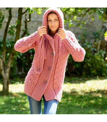 Cable Hand Knitted High Quality 100 % Pure Wool Hooded Cardigan Pink color