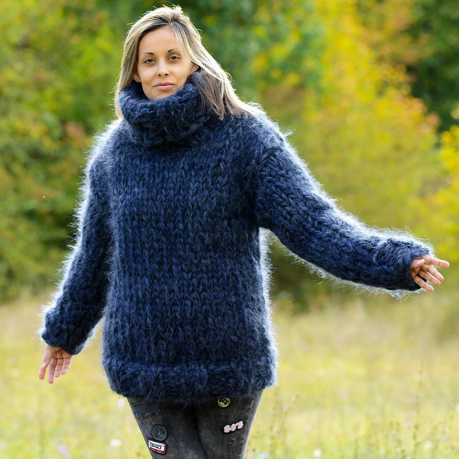 20 strands dark blue black hand knit mohair sweater by Extravagantza