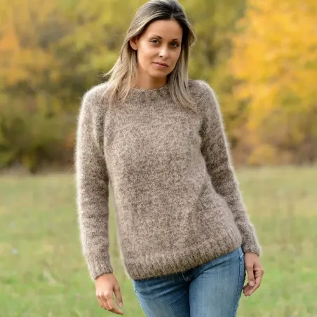 Hand Knit 100% pure angora Sweater Brown Beige mix  Fuzzy Turtleneck Handgestrickte pullover by Extravagantza