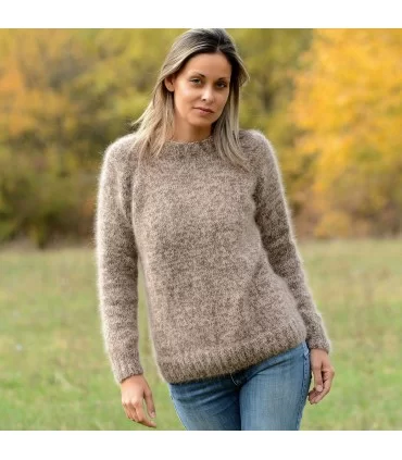 Hand Knit 100% pure angora Sweater Brown Beige mix Fuzzy Turtleneck Handgestrickte pullover by Extravagantza