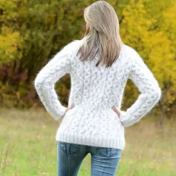 Cable Hand Knit Mohair Sweater white Fuzzy Turtleneck pullover