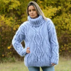  Hand Knit Mohair Sweater Light Blue Fuzzy Cable Turtleneck
