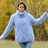  Hand Knit Mohair Sweater Light Blue Fuzzy Cable Turtleneck