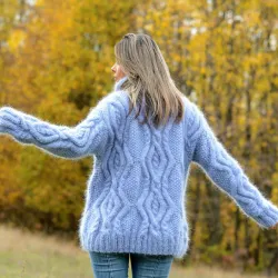  Hand Knit Mohair Sweater Light Blue Fuzzy Cable Turtleneck