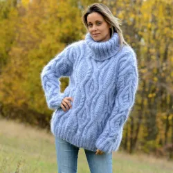  Hand Knit Mohair Sweater Light Blue Fuzzy Cable Turtleneck