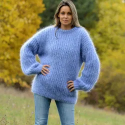 Hand Knit Mohair Sweater Light Blue Fuzzy Cable Crew neck Pullover