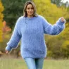 Hand Knit Mohair Sweater Light Blue Fuzzy Cable Crew neck Pullover