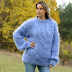 Hand Knit Mohair Sweater Light Blue Fuzzy Cable Crew neck Pullover