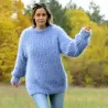 Hand Knit Mohair Sweater Light Blue Fuzzy Cable Crew neck Pullover