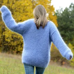 Hand Knit Mohair Sweater Light Blue Fuzzy Cable Crew neck Pullover