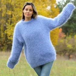 Hand Knit Mohair Sweater Light Blue Fuzzy Cable Crew neck Pullover