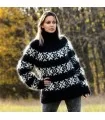 Icelandic Hand Knit Mohair and Wool Sweater Black and White Fuzzy Turtleneck