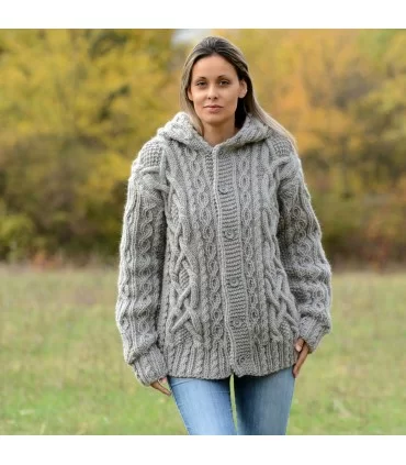 Hand Knitted High Quality 100 % Pure Wool Hooded Cardigan grey color