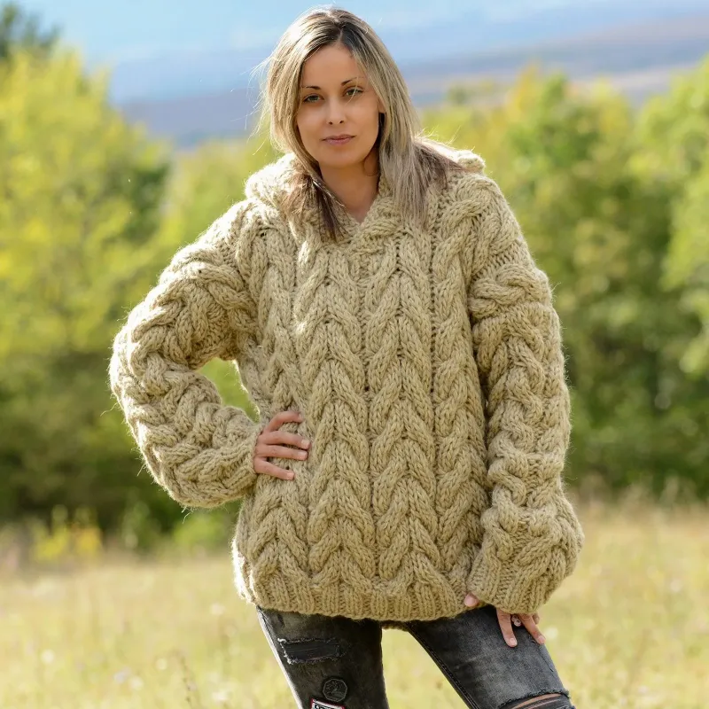 Cable Chunky hand knitted 100 % pure wool hooded sweater beige color by Extravagantza