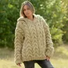 Cable Chunky hand knitted 100 % pure wool hooded sweater beige color by Extravagantza
