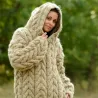 Cable Chunky hand knitted 100 % pure wool hooded sweater beige color by Extravagantza